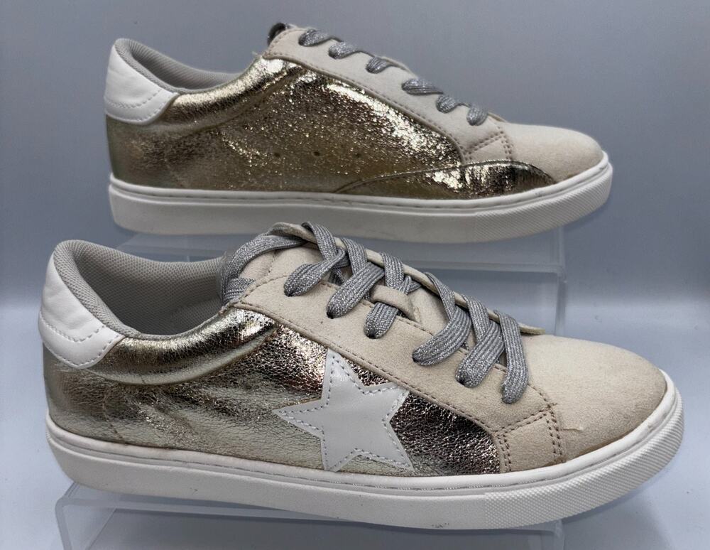 Party Athletic Shoes Women's Gold Beige 8.5 Metallic Star Glitter Sneakers NEW